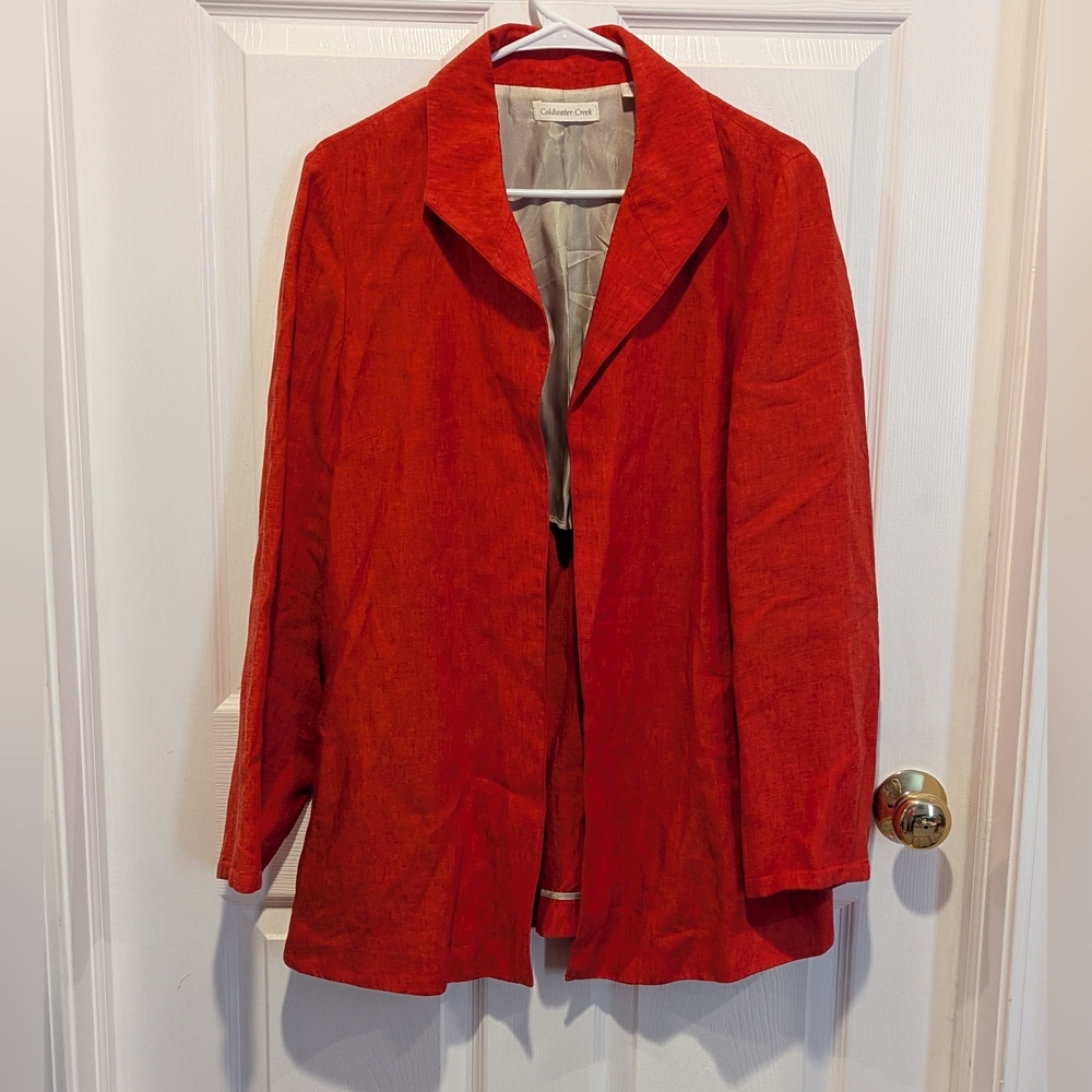 Coldwater Creek Size 12 100% Linen Orange Open Front Jacket Coastal Quiet Luxury
